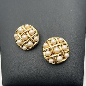 MCM signed Trifari goldtone faux pearl lattice checkerboard Classic clip earring